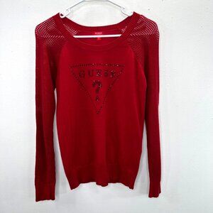 Guess Sweater S Women Red Pullover Triangle Logo Rhinestone Accents Crochet Arms